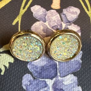 Gold Tone Round Glitter Stud Earrings Metal Lobe Back
